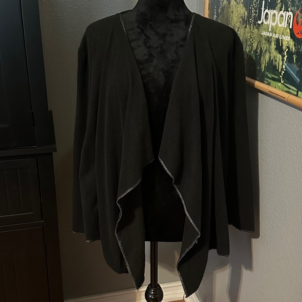 Anne Klein Black Open Front Cardigan Large Minimalist Stretch Jacket Classic